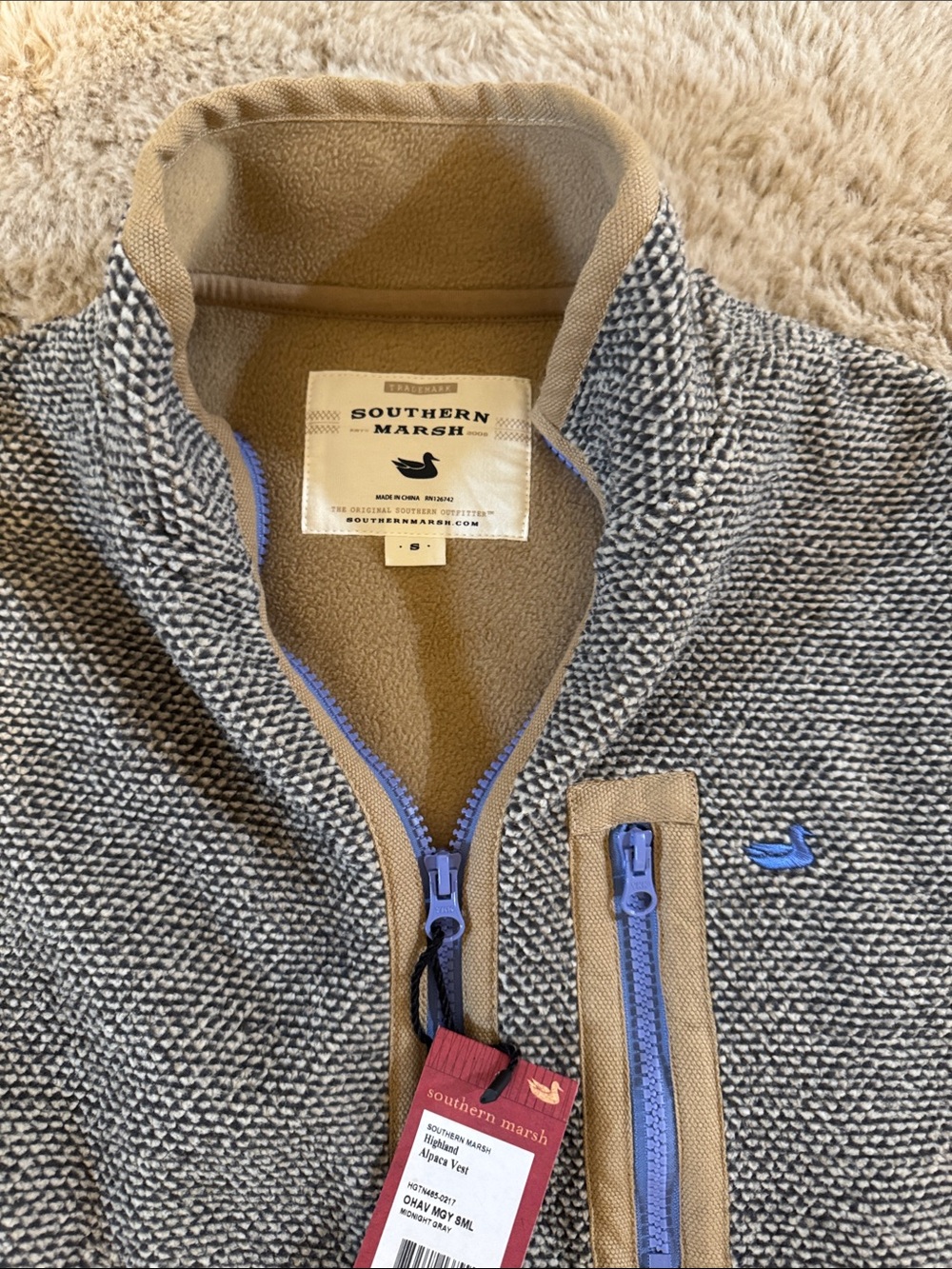 Southern Marsh Men's Gray Knit Quarter-Zip Sweater with Tan Trim